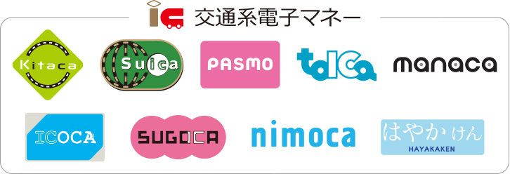 Kitaca、Suica、PASMO、talca、manaca、ICOCA、SUGOCA、nimoca、はやかけん